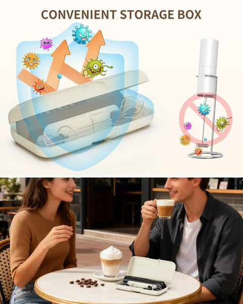 Dope Rechargeable Handheld Milk Frother Wand with stand, 3 speed settings, 3 stainless steel whisks, storage box, electric drink mixer