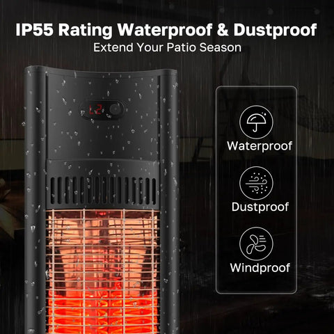 1500W Infrared Patio Tower Heater With Remote, Timer, Tip Over Auto Shutoff, IP55 Outdoor Indoor Rated, front view in rain
