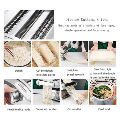Versatile Electric Noodle Maker And Heavy Duty Pasta Machine With Three Quick Swap Blades For Fresh Spaghetti Fettuccini Lasagna Sheets Plus Dumpling Molds Zero Hassle Home Kitchen Game Changer showcasing various cutting knives and dough processing steps.