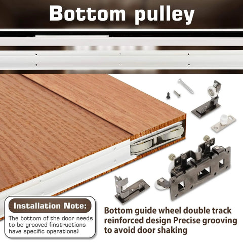 Bottom pulley of Concealed Sliding Barn Door Hardware Kit With Soft Close For 40 To 44 Inch Passage Opening components shown