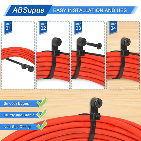 Installation steps for Heavy Duty Zip Ties With Screw Holes Mounting Tabs 12 Inch And 10 Inch 90 Pound Capacity for cable management.