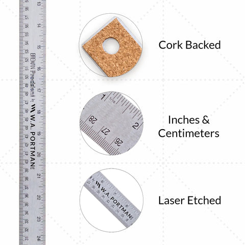 Close-up of 36 Inch Cork Back Stainless Steel Ruler with Non Slip Grip, showing cork backing, inches & centimeters, and laser etched details.
