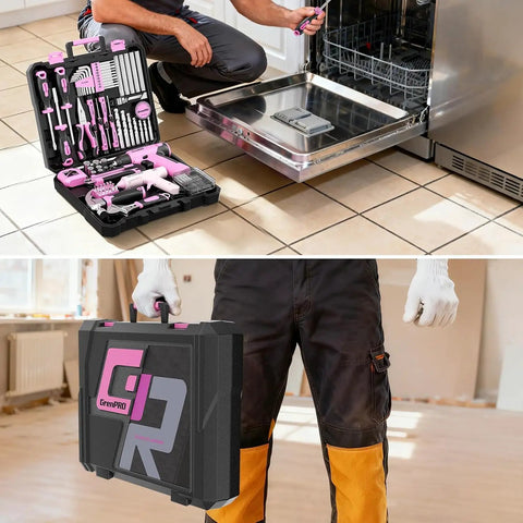 No Sweat Pink Cordless Drill 188 Piece Heavy Duty Tool Box For Women Home Repair Kit With Fast Charger used for dishwasher repairs.