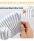 Close-up of hand holding clear PVC dust collection hose, showing black wire coils for reinforcement and puncture resistance.