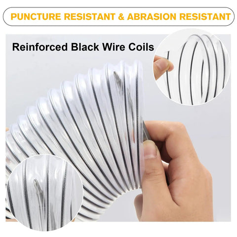 Close-up of hand holding clear PVC dust collection hose, showing black wire coils for reinforcement and puncture resistance.