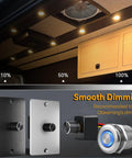 Top Shelf Eight Pack Of 12 Volt LED Puck Lights For Recessed Camper Van Install Smooth Dimming control panel and dimmers.