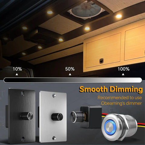 Top Shelf Eight Pack Of 12 Volt LED Puck Lights For Recessed Camper Van Install Smooth Dimming control panel and dimmers.