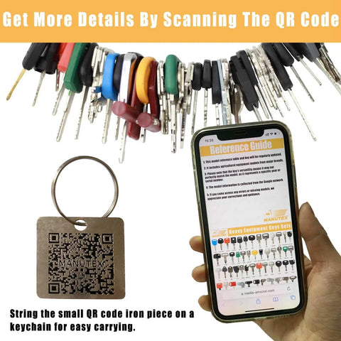 48 Piece Heavy Equipment Key Set For Excavators, Loaders, Forklifts, Dozers, Skid Steers And More with QR code keychain and smartphone guide