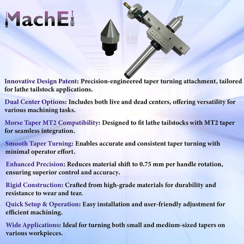 Pro Grade Taper Turning System For Lathe Tailstock With Live Center And Dead Center Options Built Tough From Premium Castings And Tool Steel Compatible With Morse Tapers MT1 To MT4 Ideal For MT2 Lathe Setups displayed with features and benefits text.