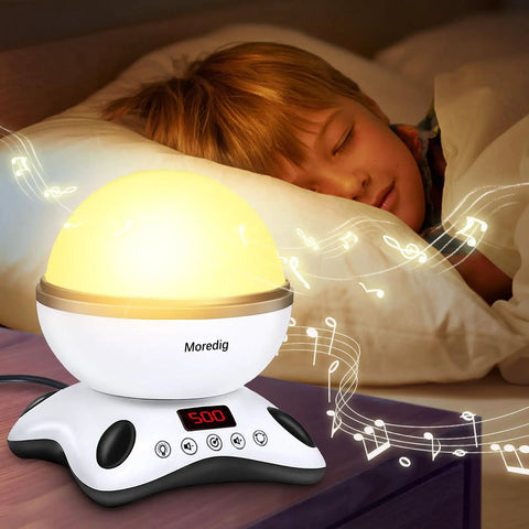 Child sleeping beside the Awesome Kids Night Light Projector With Remote, glowing softly with music notes, in a nursery setting.