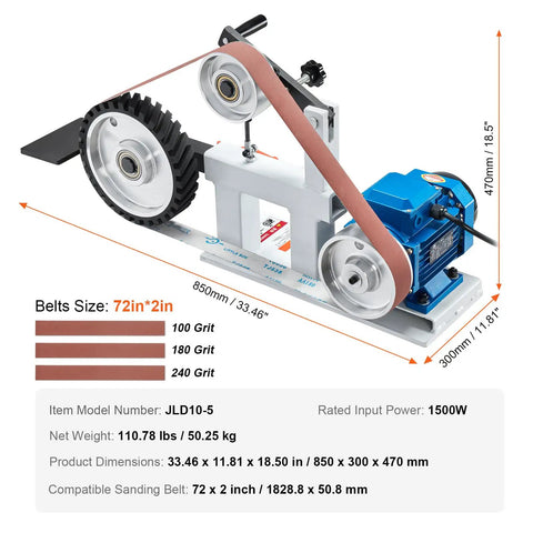 Badass Belt Grinder Sander With Slick Variable Speed VFD Drive And 2Hp Motor For 72X2 Inch Belts showing grinder details and dimensions.