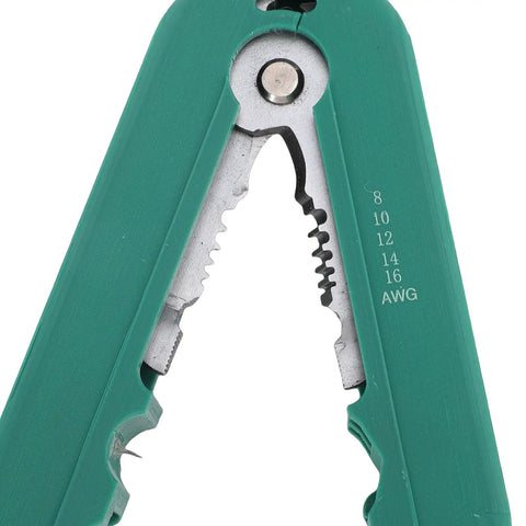 Close-up of Mavaol Compact Wire Stripper Tool For Electrical Projects showing AWG markings and heat-treated cutting edges.