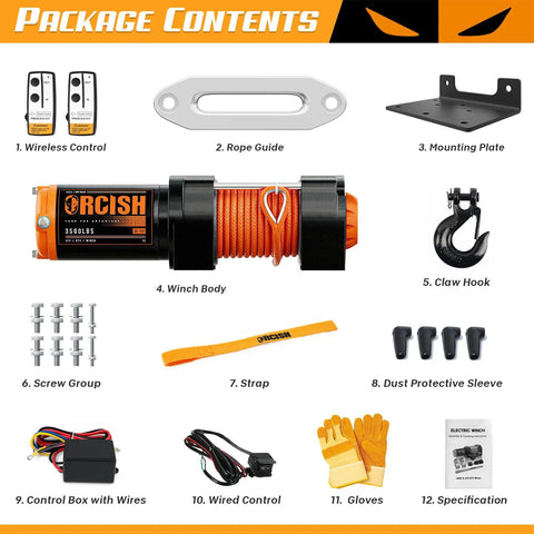 3500 LB 12V Electric Winch Kit With Synthetic Rope For ATV UTV Beefy Heavy Duty Off Road Recovery Winch Easy Mount Waterproof Motor Safe Load Handling And Smooth Pulling package contents