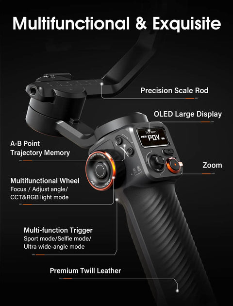 Close-up of iSteady M6 Gimbal Stabilizer for Smartphone with OLED display and controls, featuring multifunctional wheel and precision scale rod.