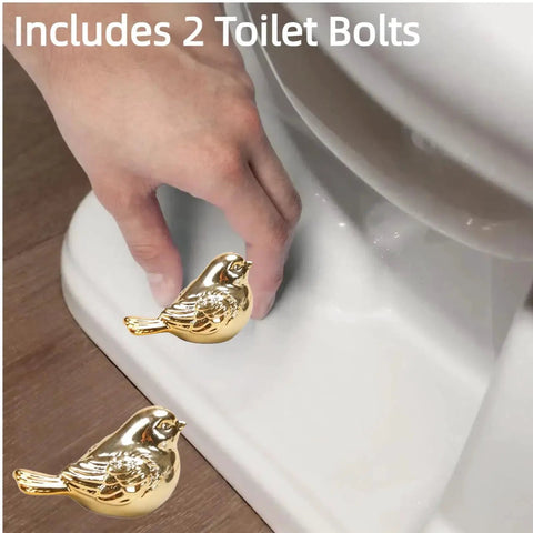 Upgrade Your Bath Setup With These Fresh Golden Bird Ceramic Toilet Bolt Caps by the toilet, showing golden bird caps being installed.