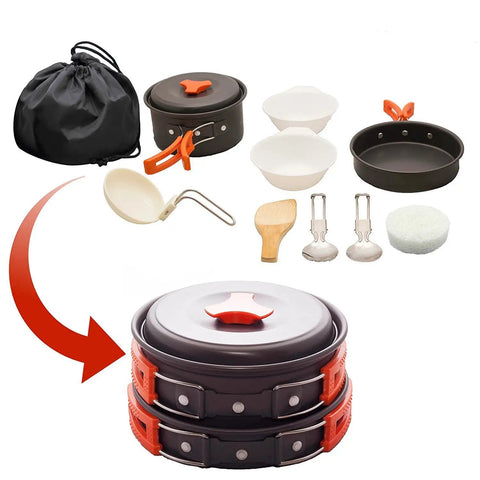 Ultra Lightweight 12 Piece Camping Cookware Set For Backpacking And Hiking Nonstick Pot And Pan With Lids Bowls Utensils Sponges