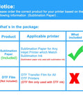 Chart comparing included Sublimation Paper For Inkjet Printers 150 Sheets 13 By 19 Inches 120Gsm Heat Transfer Paper and DTF Film