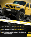 Yellow SUV off-road vehicle on rocky terrain with Tucarest brand fitment guide for 2011-2018 Volkswagen Jetta.
