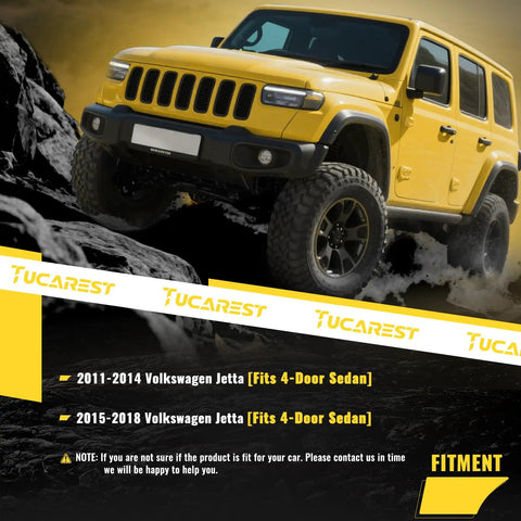 Yellow SUV off-road vehicle on rocky terrain with Tucarest brand fitment guide for 2011-2018 Volkswagen Jetta.