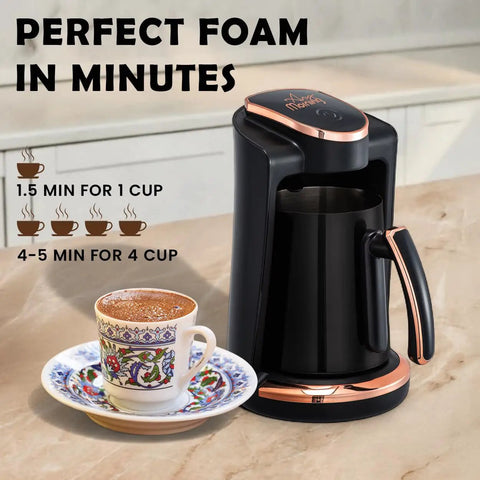 Turkish And Greek Coffee Maker For Home Use 1 To 4 Cup Capacity 400W Electric Pot BPA Free Anti Spill Design With Cook Sense Technology Delivers Authentic Foamy Brew Black displayed on countertop with cup of coffee.