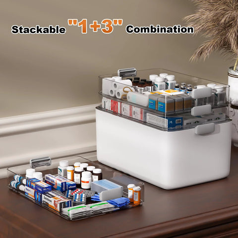 Front view of white 4-tier medicine storage organizer with clear lids and a handle; removable tray.