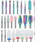 Front view: 30-piece nail drill bit set with rainbow carbide/diamond bits and sanding mandrels for gel and acrylic nails