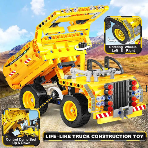 Yellow dump truck from 2 in 1 Truck And Airplane STEM Building Set, 361 Pcs DIY Construction Toys For Kids Aged 6 To 12