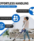Person vacuuming with Shark Vacuum Hose Handle Replacement For NV350 NV351 NV352 NV355 NV356 NV357 NV370 while holding child