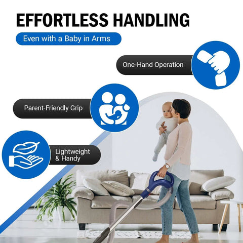 Person vacuuming with Shark Vacuum Hose Handle Replacement For NV350 NV351 NV352 NV355 NV356 NV357 NV370 while holding child