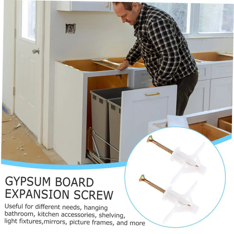 Man installing cabinets using 100 Piece Expansion Screw Set For Aircraft Type Drywall Anchors, Heavy Duty Hollow Wall Anchors For EZ Self Tapping Install