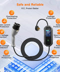 Level 2 EV Charger 40 Amp Portable 110 240V with 30ft Cable, NEMA 14 50P plug, safety features displayed.