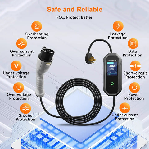 Grip And Go Portable Level 2 Ev Charger 40 Amp 23 Ft Cord Nema 14-50p Home Ev Charging Station Sae J1772 safety features overview