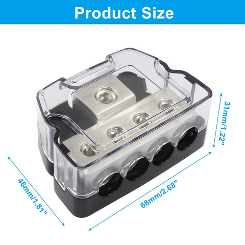 Four Way Amp Power Distribution Block For Car Audio Rig Wiring With One Input And Four Output Terminals, Supports 0 2 4 AWG In And 4 8 10 AWG Out, 68x46x31mm alloy body