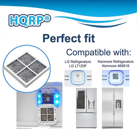 4 Pack LG Refrigerator Air Filter Replacement for LFX Series showcasing filter installation and compatibility with fridges.