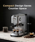 Zero Hassle Compact Espresso Maker With Milk Frother, 20 Bar Pump Delivers Quick Shots, 50 Ounce Tank dimensions shown on counter.