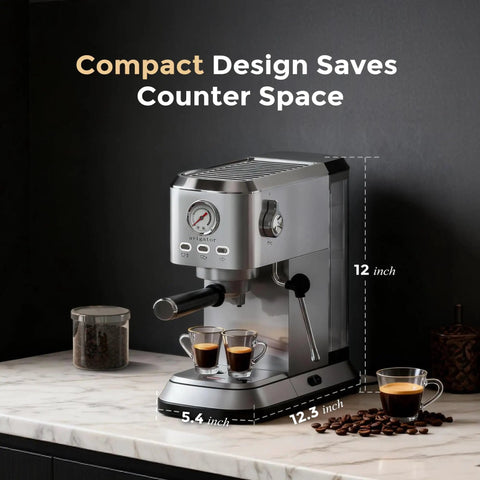 Zero Hassle Compact Espresso Maker With Milk Frother, 20 Bar Pump Delivers Quick Shots, 50 Ounce Tank dimensions shown on counter.