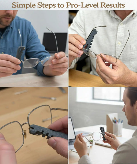 Man using Eyeglass Curvature Adjuster Kit For Comfortable Fit Frame Bender Temple Arm Shaper Nose Pad Adjuster No-Hassle DIY Glasses Repair Set With 3-in-1 Mini Screwdriver on eyeglasses at the desk.