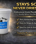 Stay Soft Plumber Putty 14oz container with non-hardening formula and text stating it's ideal for sink and drain installations.