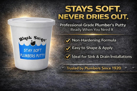 Stay Soft Plumber Putty 14oz container with non-hardening formula and text stating it's ideal for sink and drain installations.