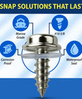 Marine Grade Stainless Steel Screw Snap Kit For Boat Covers And Canvas Includes Ten Screws And Ten Clear Vinyl Backing Washers Big Hole Five Eighths Inch Snap Buttons Heavy Duty Dockside Ready Boat Canvas Snaps
