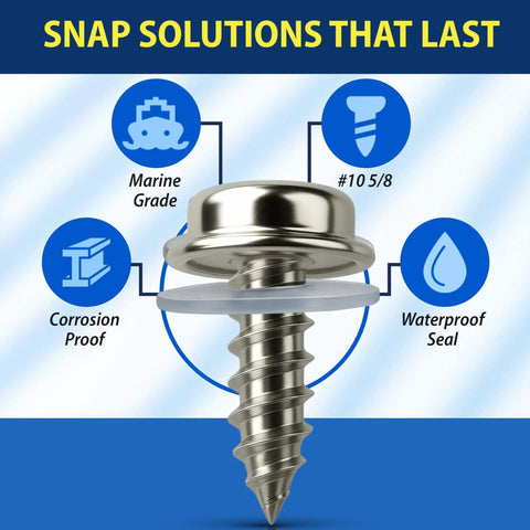 Marine Grade Stainless Steel Screw Snap Kit For Boat Covers And Canvas Includes Ten Screws And Ten Clear Vinyl Backing Washers Big Hole Five Eighths Inch Snap Buttons Heavy Duty Dockside Ready Boat Canvas Snaps
