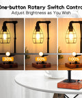 Stepless Dimmable Industrial Nightstand Lamp With Dual USB Ports, Edison Rustic Metal Pipe Look, dimming settings shown