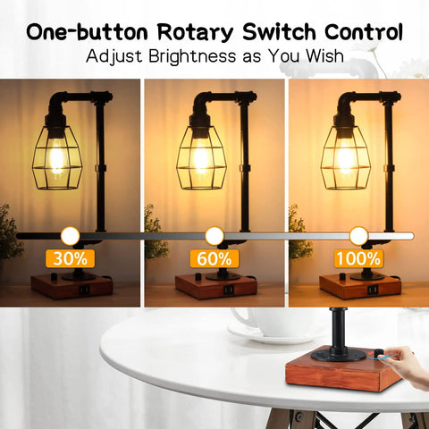 Stepless Dimmable Industrial Nightstand Lamp With Dual USB Ports, Edison Rustic Metal Pipe Look, dimming settings shown