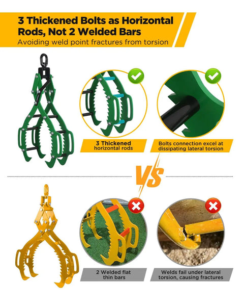 Comparison of Heavy Duty Log Lifting Tongs With 4 Claws, 32 Inch Timber Grapple Hook, green with bolts, yellow with welded bars