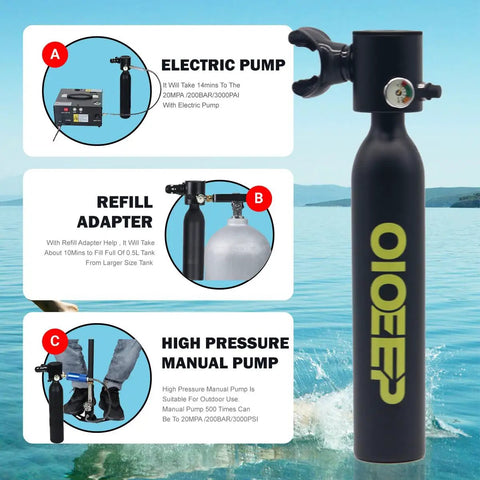 Compact Half Liter Scuba Diving Tank With Sub Mask Portable Lungs Kit and accessories on water background