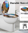 Elongated Mediterranean Coastal Village Colorful Flowers Toilet Seat with resin material and stainless steel hinge in a bathroom setting.