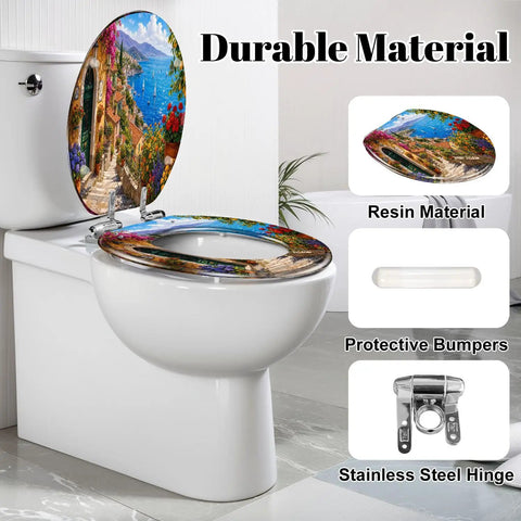 Elongated Mediterranean Coastal Village Colorful Flowers Toilet Seat with resin material and stainless steel hinge in a bathroom setting.