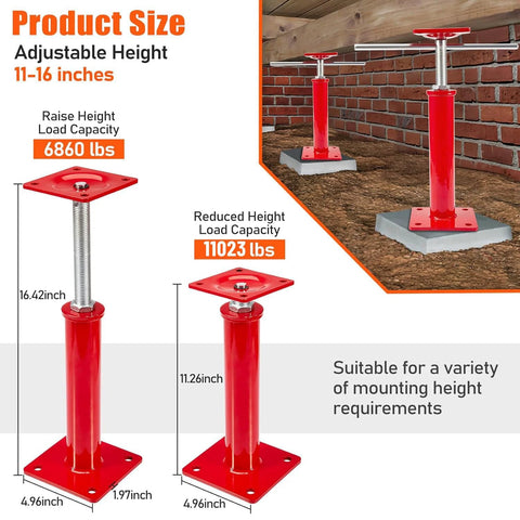4-pack house jacks for leveling crawlspace; red adjustable screw posts with square bases, 11–16 in, 11,023 lb max.