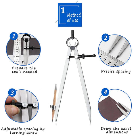 Robust Badass 12 Inch Heavy Duty Spring Divider Compass With Adjustable Metal Body And Secure Pencil Clip Engineered For Leather Craftsmanship Woodworking Projects steps for precise spacing and adjustments.