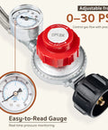 GASPRO 0–30 PSI adjustable propane regulator with gauge and red dial, 5-ft stainless braided hose